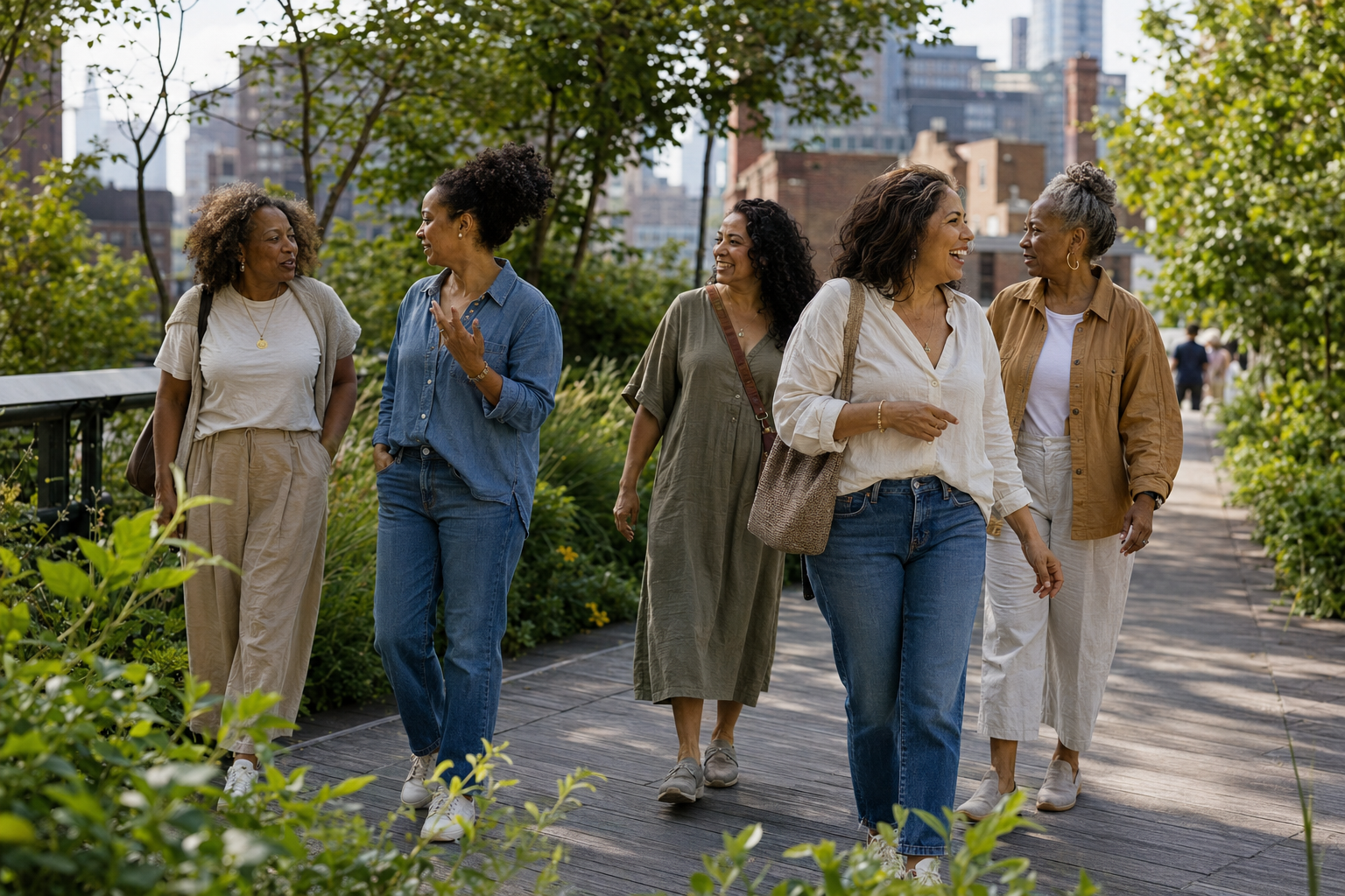 Four women of color enjoying a relaxed walk together on an elevated New York City park path