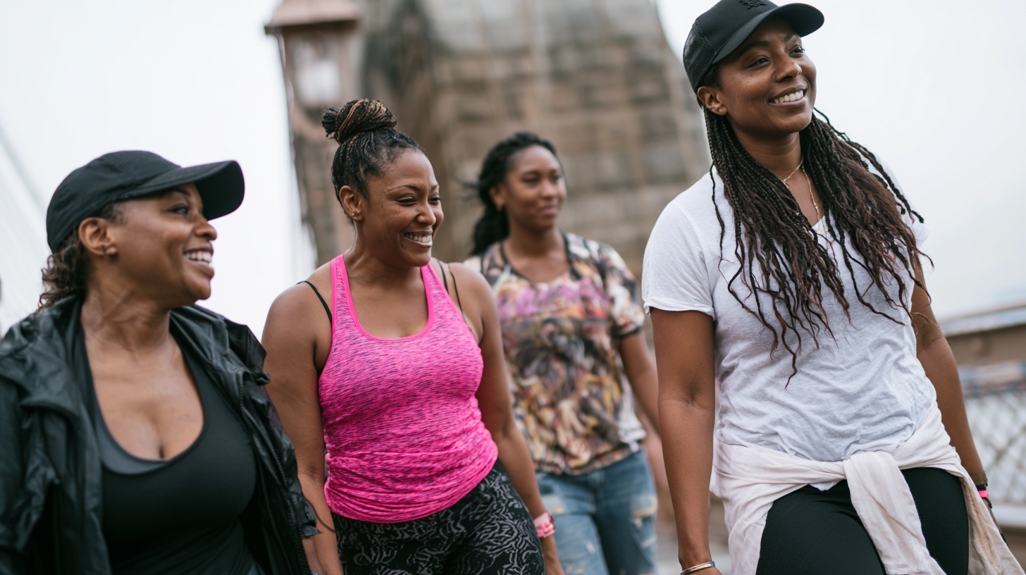 Three women of color talking as they stroll together along a leafy New York City block