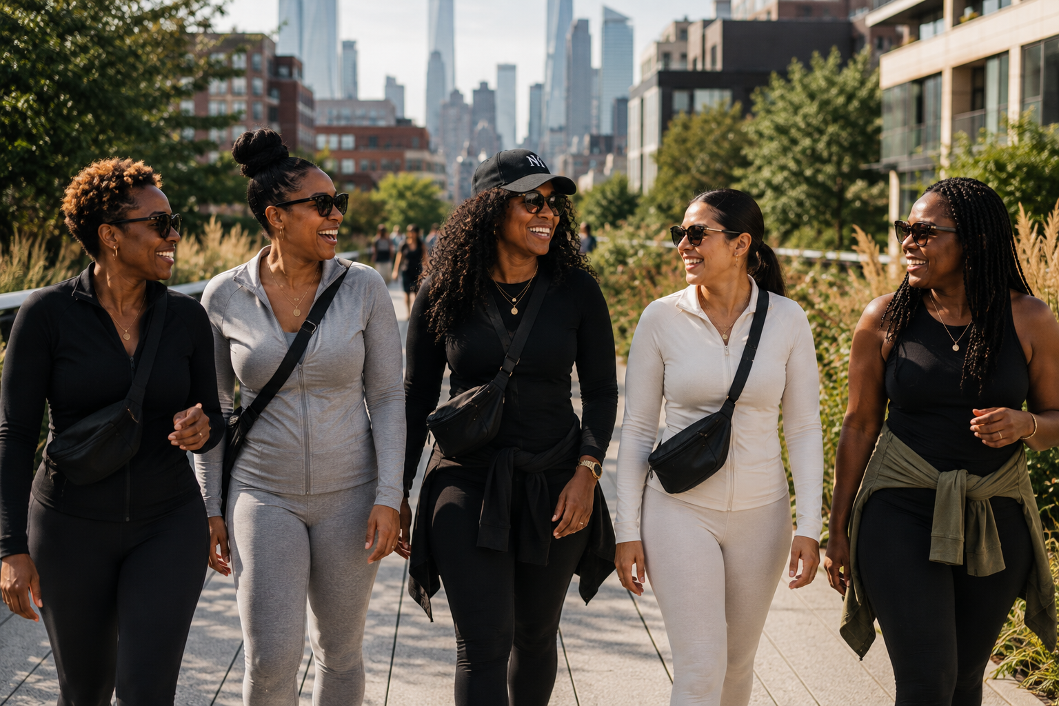 Five women enjoying a sunny Sunday stroll together on New York City’s High Line